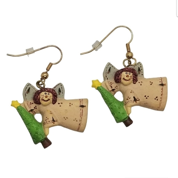 Vintage Jewelry - VINTAGE WOODEN ANGELS WITH CHRISTMAS TREES DROP STYLE HOOK EARRINGS